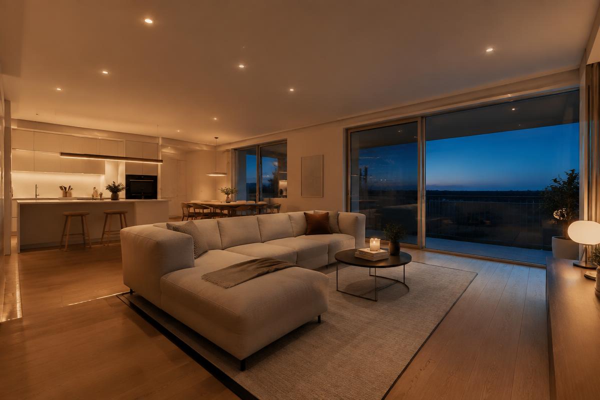Stue med moderne LED-belysning i himling